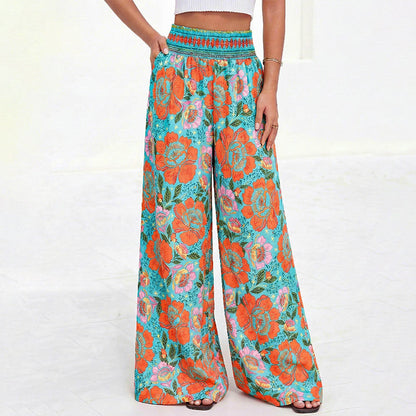 Damen Blumenprint-Hochtaillierte-Weitbein-Hose