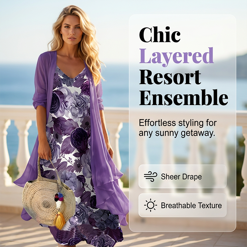 50% RABATT!✨Elegantes Maxikleid mit transparentem Überwurf🍃Leichter Stoff und anmutige Maxilänge für Eleganz im Alltag
