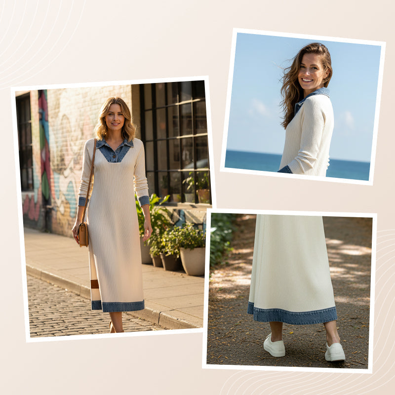 👗 Damen Jeans-Patchwork Strick-Midikleid – Kombination aus Jeans & Strick im angesagten Mix | Bequem, vielseitig & perfekt für den Alltag versandfrei