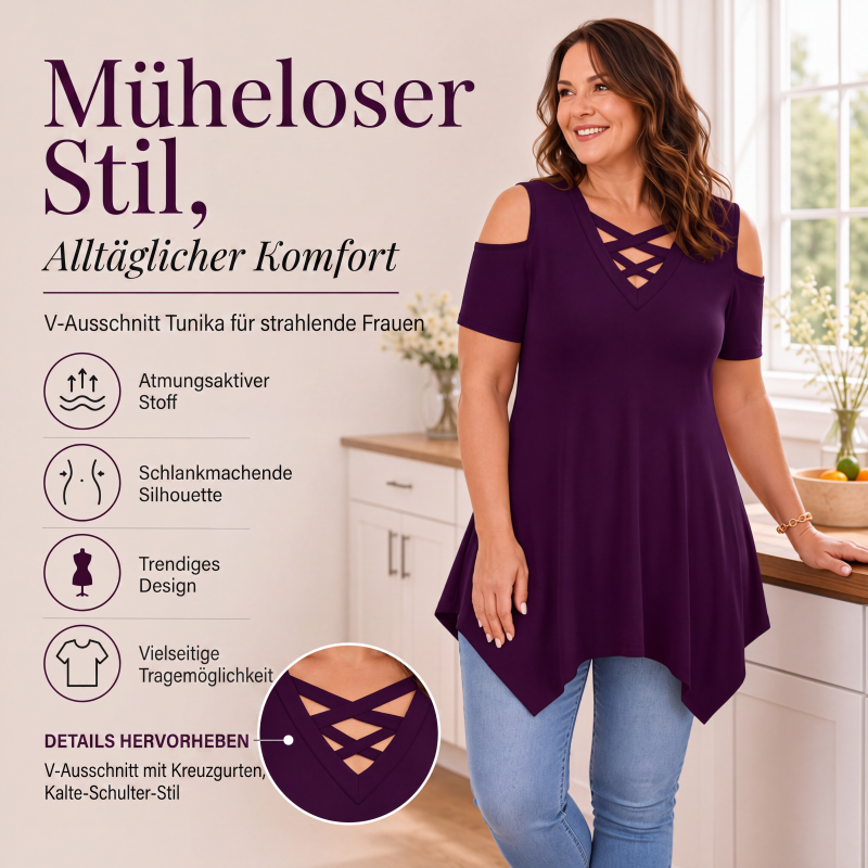 🌸 Überkreuztes V-Ausschnitt-Top mit Cut-Out-Schultern – Modisches Detail, weicher Fall & luftiger Tragekomfort – Perfekt für Alltag, Büro & Date