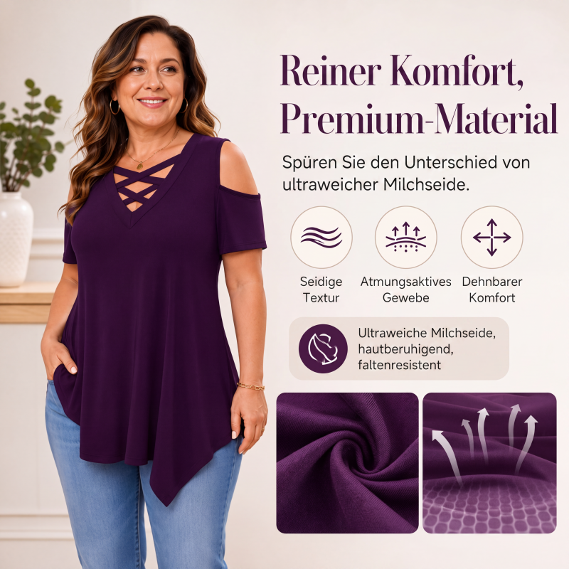 🌸 Überkreuztes V-Ausschnitt-Top mit Cut-Out-Schultern – Modisches Detail, weicher Fall & luftiger Tragekomfort – Perfekt für Alltag, Büro & Date