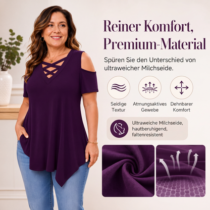 🌸 Überkreuztes V-Ausschnitt-Top mit Cut-Out-Schultern – Modisches Detail, weicher Fall & luftiger Tragekomfort – Perfekt für Alltag, Büro & Date