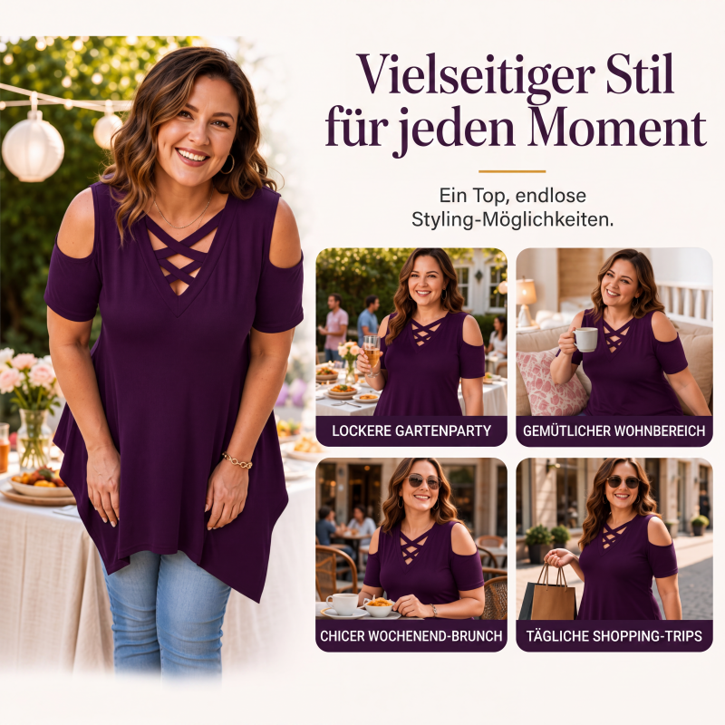 🌸 Überkreuztes V-Ausschnitt-Top mit Cut-Out-Schultern – Modisches Detail, weicher Fall & luftiger Tragekomfort – Perfekt für Alltag, Büro & Date