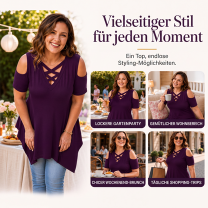 🌸 Überkreuztes V-Ausschnitt-Top mit Cut-Out-Schultern – Modisches Detail, weicher Fall & luftiger Tragekomfort – Perfekt für Alltag, Büro & Date