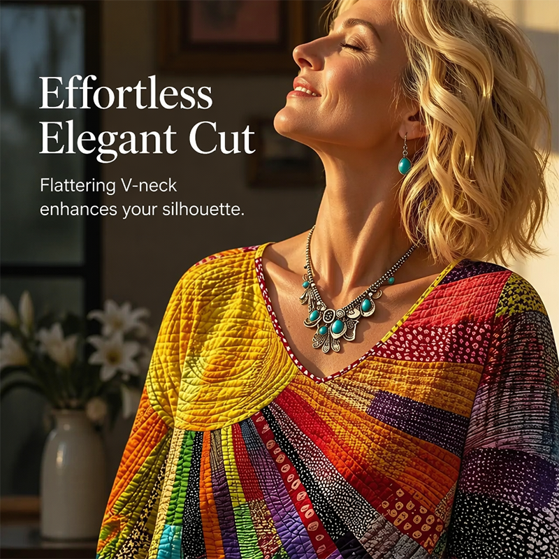 Damen Retro-Patchwork-V-Ausschnitt-Bluse