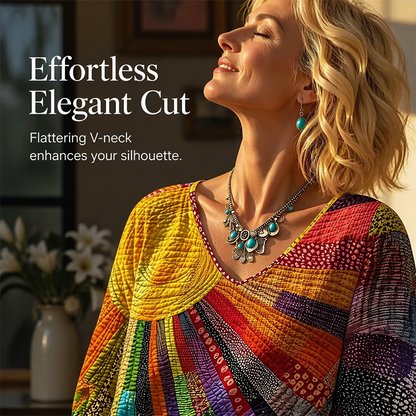 Damen Retro-Patchwork-V-Ausschnitt-Bluse
