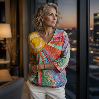 Damen Retro-Patchwork-V-Ausschnitt-Bluse