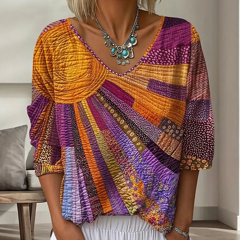 Damen Retro-Patchwork-V-Ausschnitt-Bluse