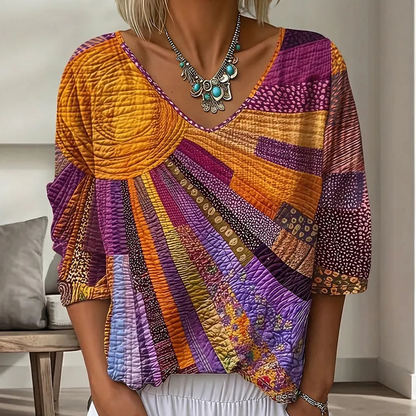 Damen Retro-Patchwork-V-Ausschnitt-Bluse