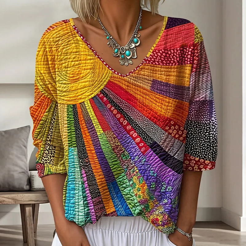 Damen Retro-Patchwork-V-Ausschnitt-Bluse