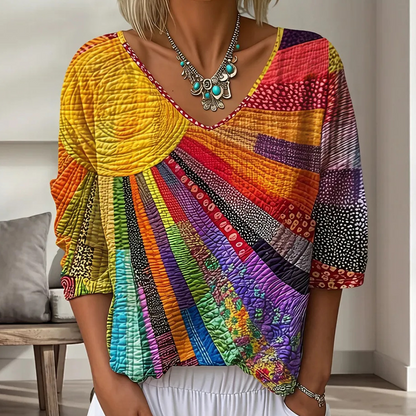 Damen Retro-Patchwork-V-Ausschnitt-Bluse
