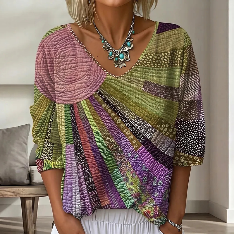 Damen Retro-Patchwork-V-Ausschnitt-Bluse