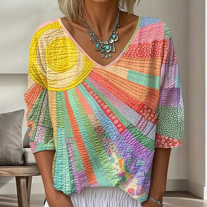 Damen Retro-Patchwork-V-Ausschnitt-Bluse