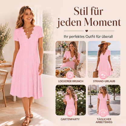 👗50% RABATT - V-Ausschnitt Lochstickerei-Kleid mit Muschelsaum – Leicht & Romantisch für Gartenpartys oder Brunch 🌿