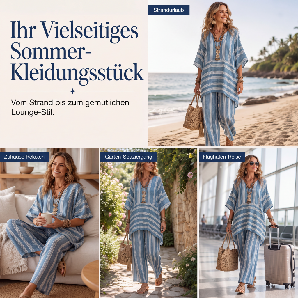 👗Locker sitzendes gestreiftes 2-teiliges Freizeitset mit V-Ausschnitt für Damen