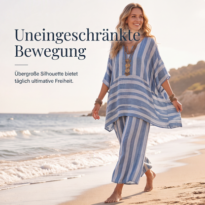 👗Locker sitzendes gestreiftes 2-teiliges Freizeitset mit V-Ausschnitt für Damen