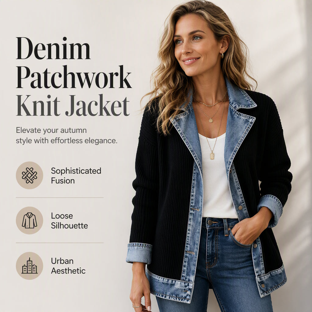 50% RABATT! ⭐ Eleganter Damenmantel aus Denim mit geripptem Strick-Einsatz