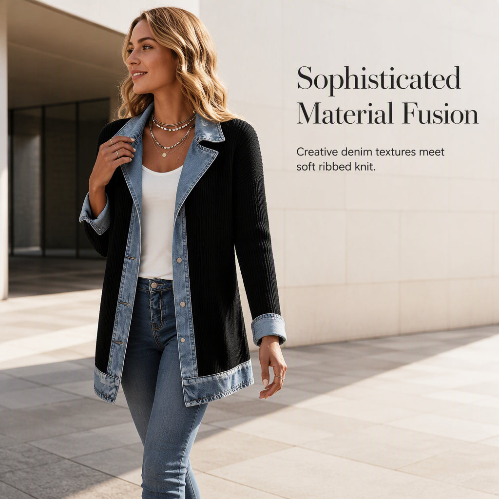 50% RABATT! ⭐ Eleganter Damenmantel aus Denim mit geripptem Strick-Einsatz