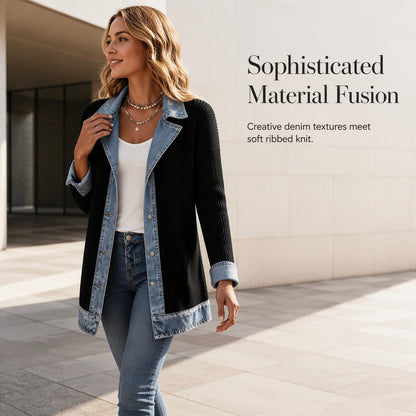 50% RABATT! ⭐ Eleganter Damenmantel aus Denim mit geripptem Strick-Einsatz