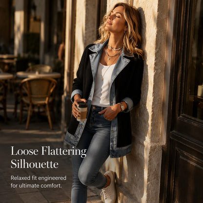 50% RABATT! ⭐ Eleganter Damenmantel aus Denim mit geripptem Strick-Einsatz
