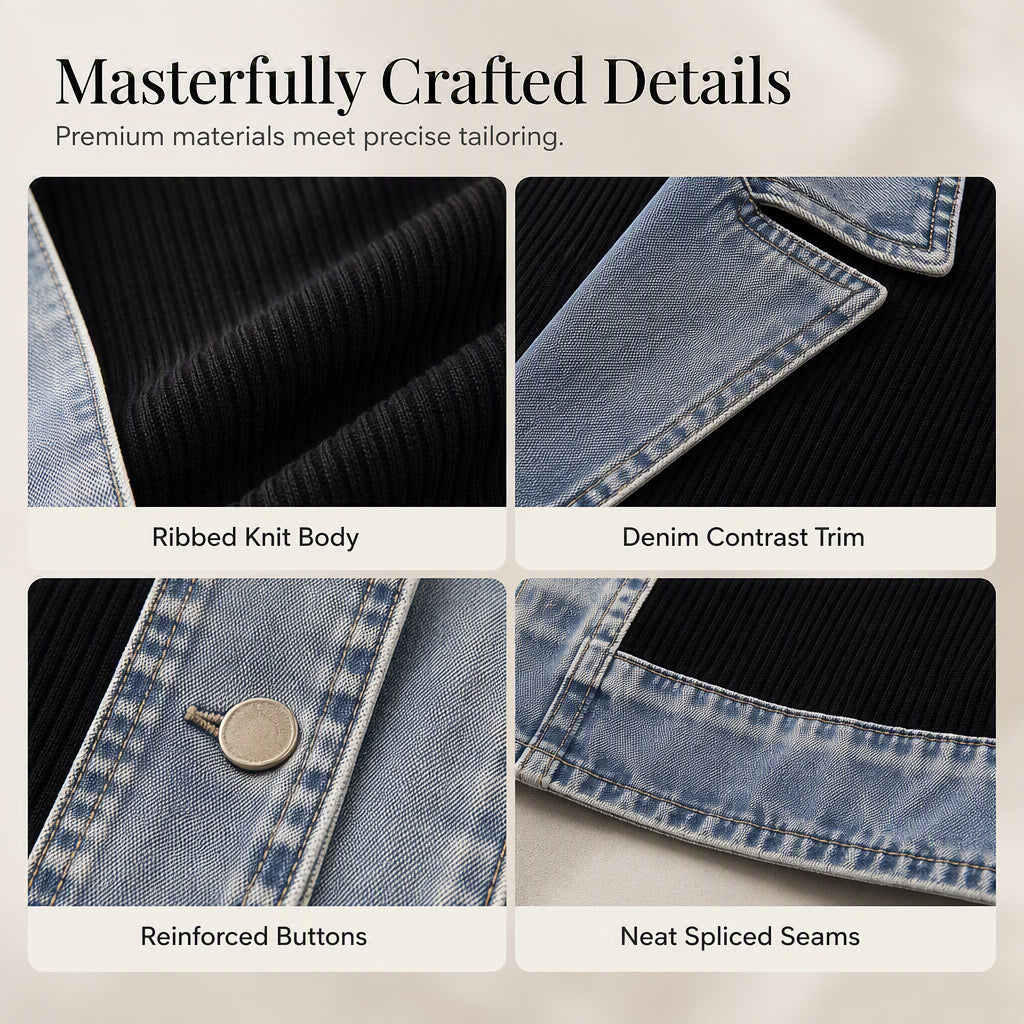 50% RABATT! ⭐ Eleganter Damenmantel aus Denim mit geripptem Strick-Einsatz