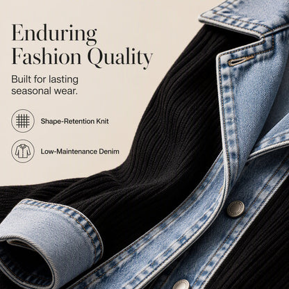 50% RABATT! ⭐ Eleganter Damenmantel aus Denim mit geripptem Strick-Einsatz