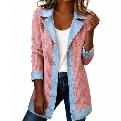 50% RABATT! ⭐ Eleganter Damenmantel aus Denim mit geripptem Strick-Einsatz