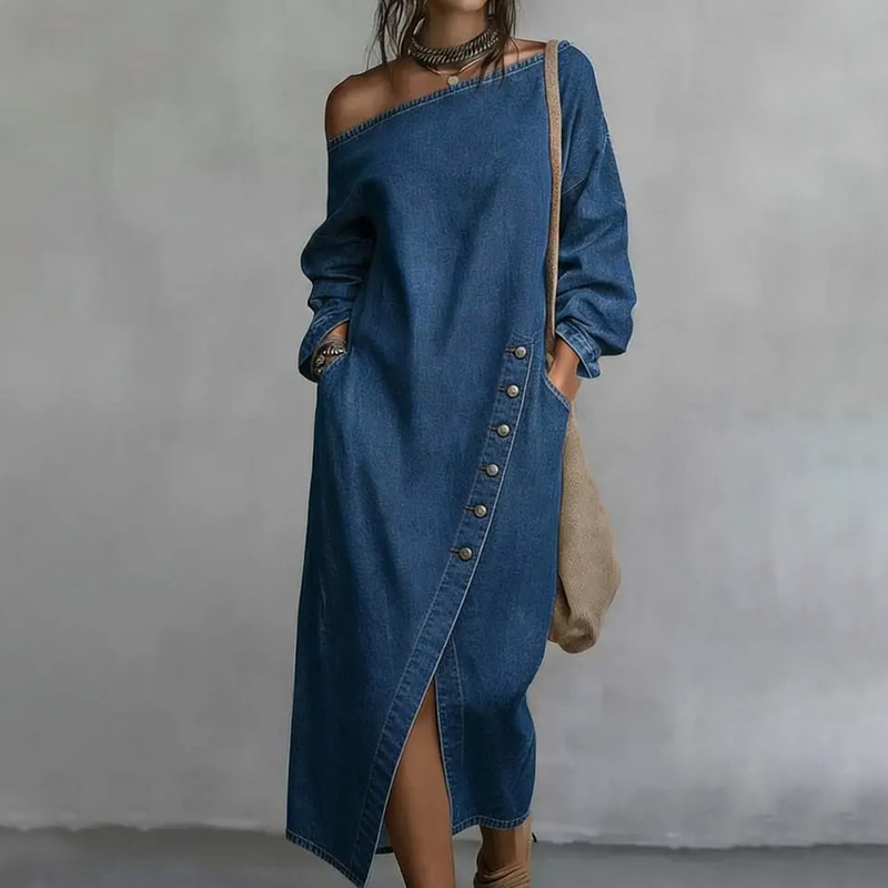 ✨🛍️Neu eingetroffen – Off-Shoulder-Kleid aus Denim – lockere Passform & trendiger Schnitt