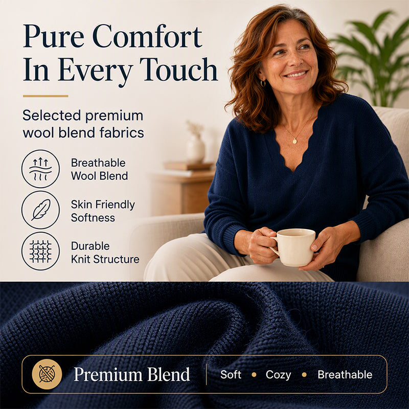 Aktueller Trend⭐👚 Strickpullover mit gewelltem V-Ausschnitt – feminine Details und weiche Textur für einen lässigen Look bei kühlem Wetter
