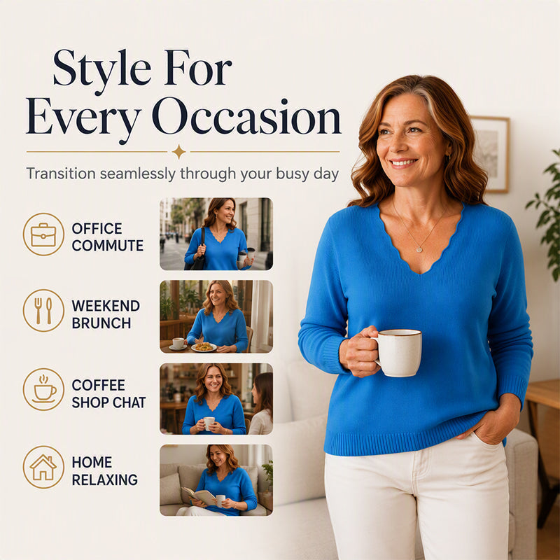 Aktueller Trend⭐👚 Strickpullover mit gewelltem V-Ausschnitt – feminine Details und weiche Textur für einen lässigen Look bei kühlem Wetter