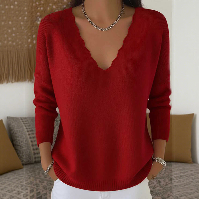 Aktueller Trend⭐👚 Strickpullover mit gewelltem V-Ausschnitt – feminine Details und weiche Textur für einen lässigen Look bei kühlem Wetter