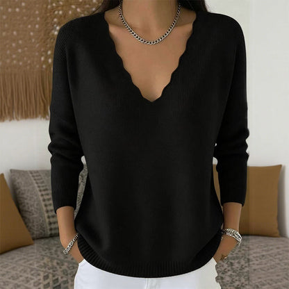 Aktueller Trend⭐👚 Strickpullover mit gewelltem V-Ausschnitt – feminine Details und weiche Textur für einen lässigen Look bei kühlem Wetter