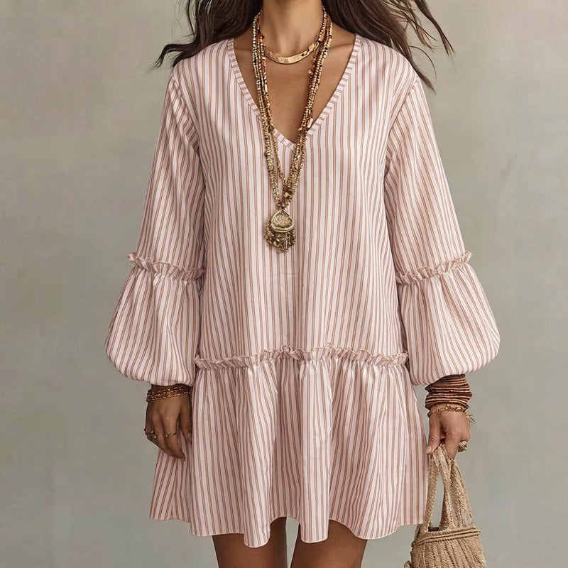 👗 Damen Gestreiftes V-Ausschnitt-Kleid mit langen Ballonärmeln – Lockerer Schnitt, fließender Stoff & femininer Look | Perfekt für warme Tage, Freizeit & elegante Anlässe – Jetzt -50%!