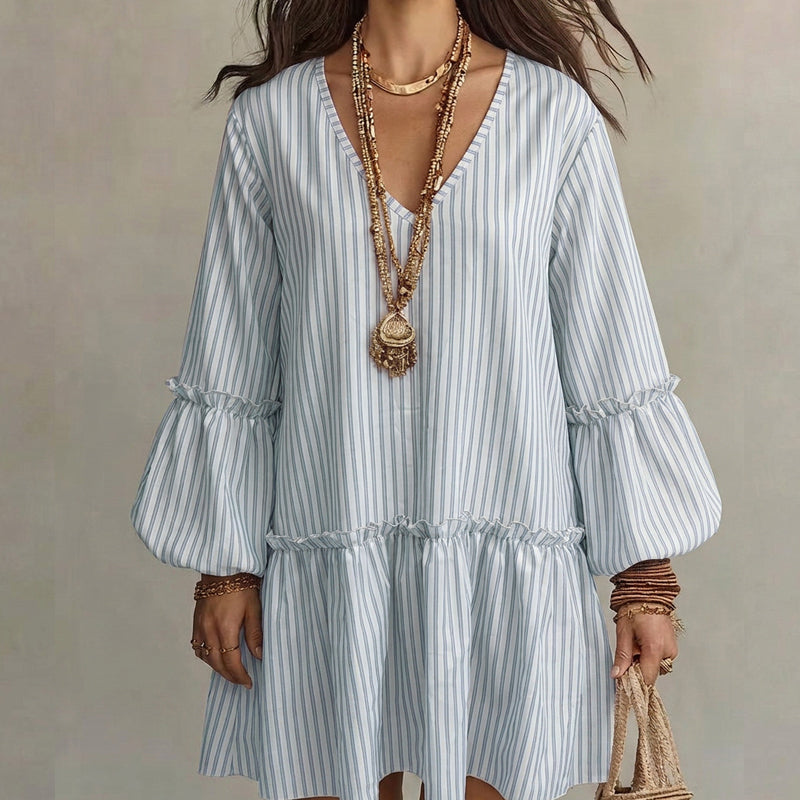 👗 Damen Gestreiftes V-Ausschnitt-Kleid mit langen Ballonärmeln – Lockerer Schnitt, fließender Stoff & femininer Look | Perfekt für warme Tage, Freizeit & elegante Anlässe – Jetzt -50%!