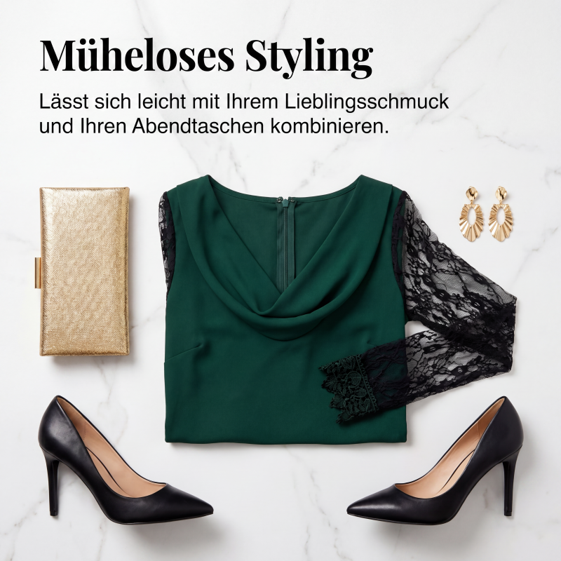 🌸 A-Linien-Kleid mit Spitzenärmeln – Leichter, fließender Stoff & femininer Wasserfallausschnitt – Ideal für warme Tage & festliche Anlässe