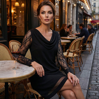 🌸 A-Linien-Kleid mit Spitzenärmeln – Leichter, fließender Stoff & femininer Wasserfallausschnitt – Ideal für warme Tage & festliche Anlässe