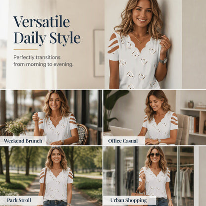 💕 V-Ausschnitt-Shirt mit Herzen – Leichte Baumwollqualität, zarte Muschelkante & femininer Schnitt – Ideal für Alltag, Freizeit & kleine Ausflüge