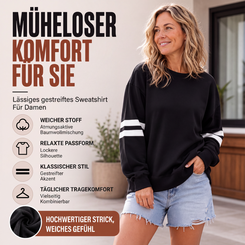 Oversize Gestreifter Damen-Pullover mit Rundhalsausschnitt