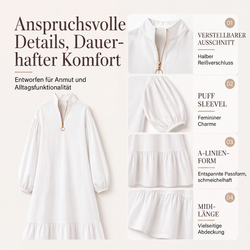 Damenkleid mit Stehkragen, halbem Reißverschluss und Ballonärmeln