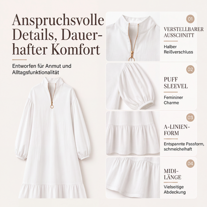 Damenkleid mit Stehkragen, halbem Reißverschluss und Ballonärmeln