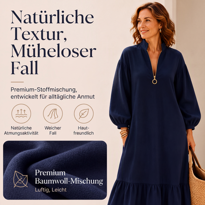 Damenkleid mit Stehkragen, halbem Reißverschluss und Ballonärmeln