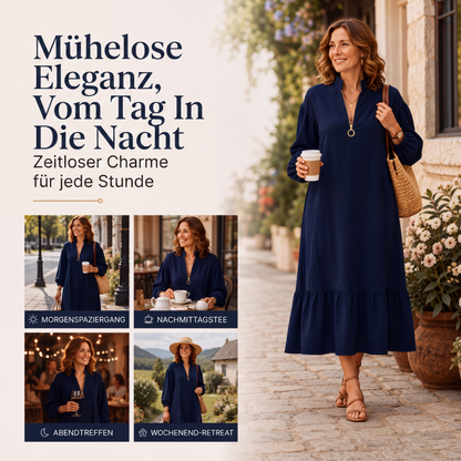 Damenkleid mit Stehkragen, halbem Reißverschluss und Ballonärmeln