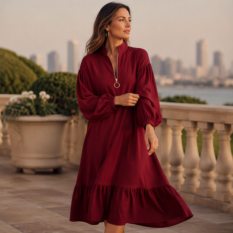 Damenkleid mit Stehkragen, halbem Reißverschluss und Ballonärmeln