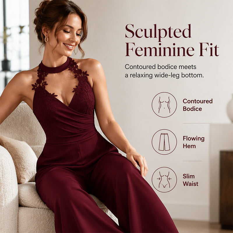 💎 Nr. 1 Hit + Direkt 50% + 4,9 Sterne！Damen Eleganter Neckholder Spitzen Plissee Weites Bein Overall