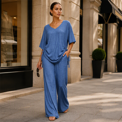 ⏰ Zeitlimit + 50% OFF + Letzte 3 Stunden ！Legeres Damen-Set aus V-Ausschnitt-Oberteil und weitem Bein-Hose