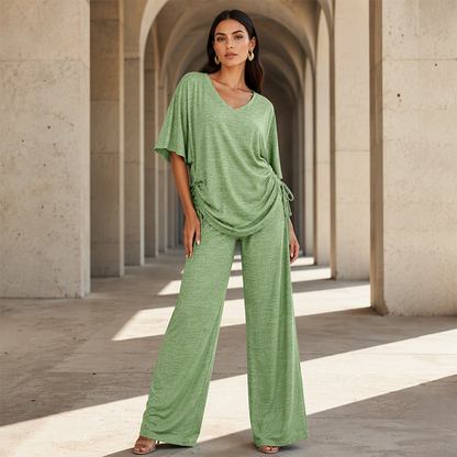 ⏰ Zeitlimit + 50% OFF + Letzte 3 Stunden ！Legeres Damen-Set aus V-Ausschnitt-Oberteil und weitem Bein-Hose