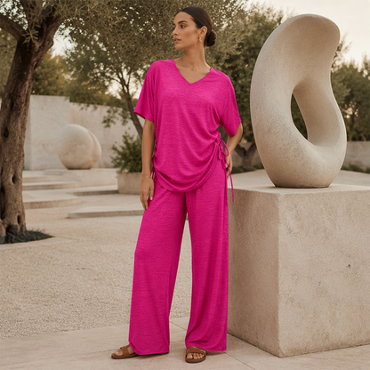 ⏰ Zeitlimit + 50% OFF + Letzte 3 Stunden ！Legeres Damen-Set aus V-Ausschnitt-Oberteil und weitem Bein-Hose