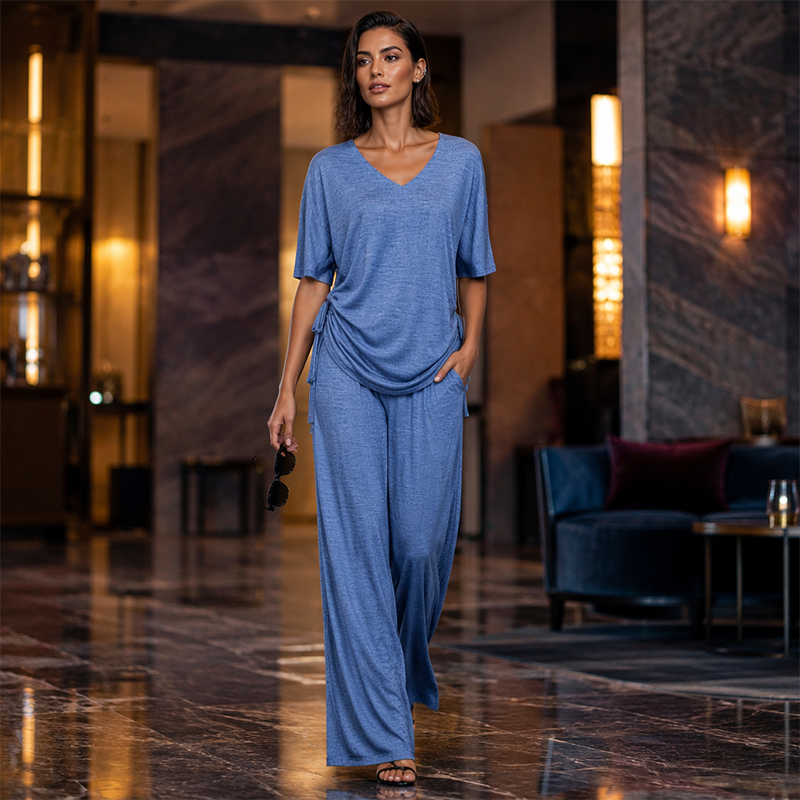 ⏰ Zeitlimit + 50% OFF + Letzte 3 Stunden ！Legeres Damen-Set aus V-Ausschnitt-Oberteil und weitem Bein-Hose