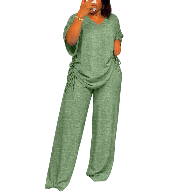 ⏰ Zeitlimit + 50% OFF + Letzte 3 Stunden ！Legeres Damen-Set aus V-Ausschnitt-Oberteil und weitem Bein-Hose