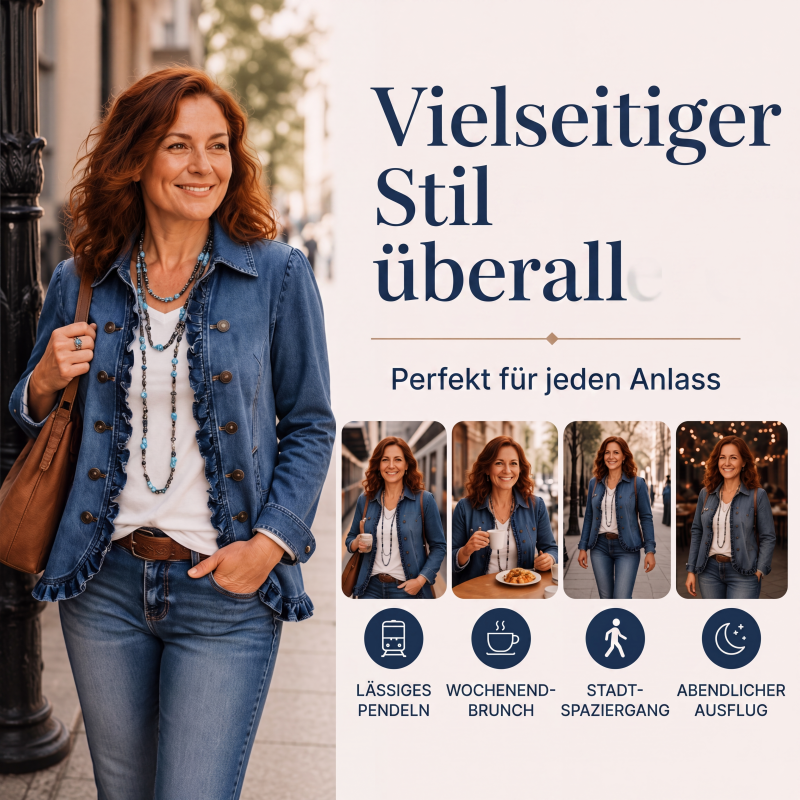 Jeansjacke für Damen, doppeltreihig, mit Rüschen